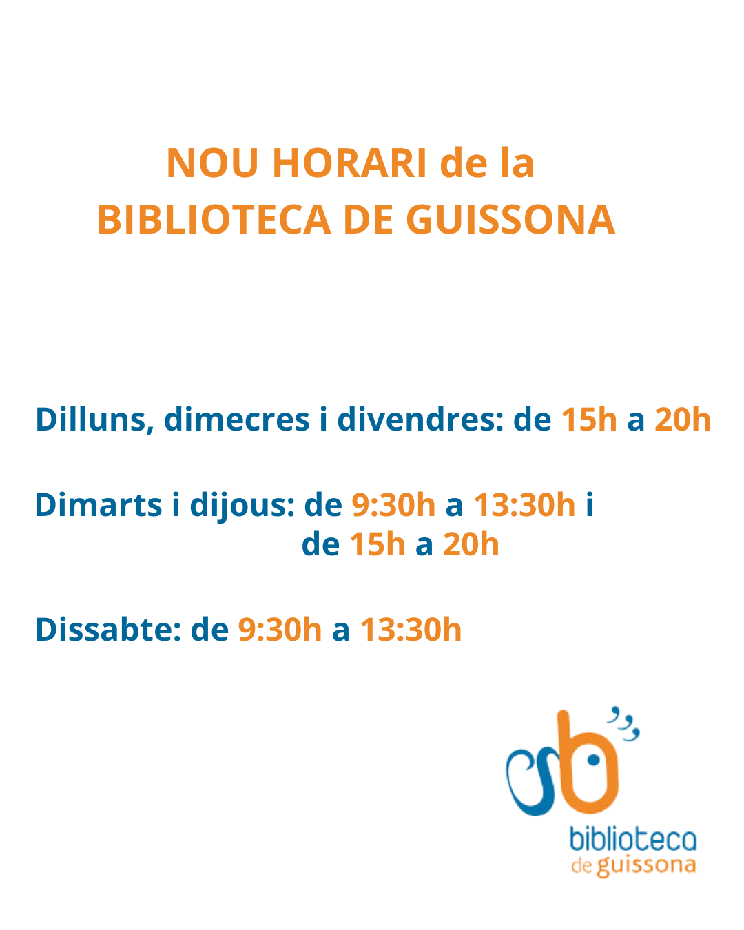 Nou horari Biblioteca Guissona Nou horari Biblioteca Guissona
